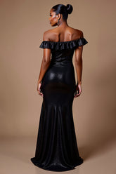 Glitzerndes Schwarzes Schulterfreies Pailletten Langes Ballkleid mit Schlitz